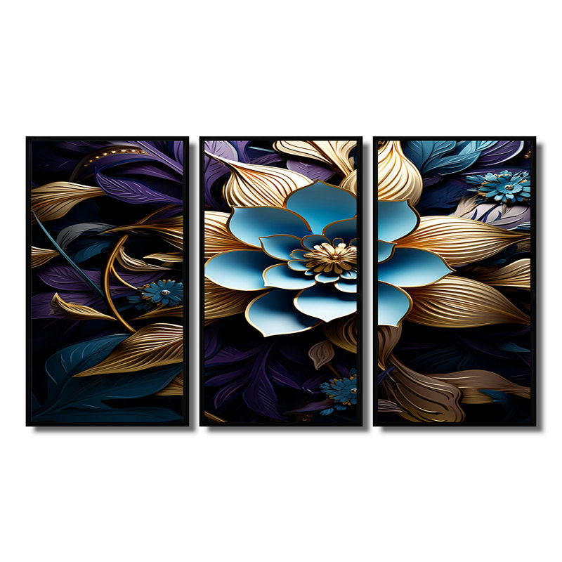 Fleurs de lotus bleues et feuilles dorées - ensemble de salon d'art mural floral moderne, Cadre flottant noir