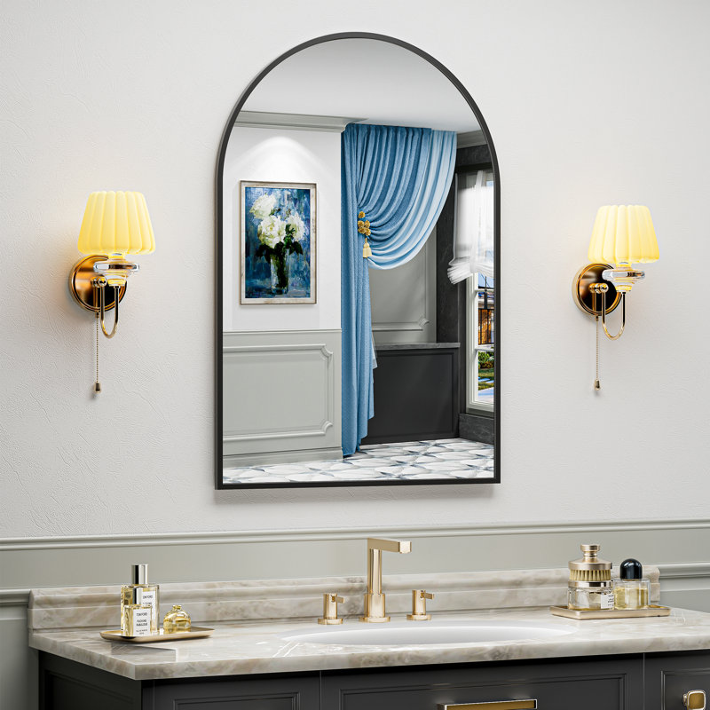 Matte Black Arch Vanity Mirror with Aluminum Alloy Frame, HD Tempered Glass, French Cleat Mounted Wall Decor Bathroom Vanity Mirror