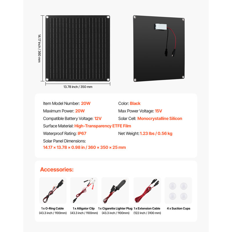 Chargeur de batterie solaire 20W 12V, H 0,98 po x l 13,78 po x P 14,17 po