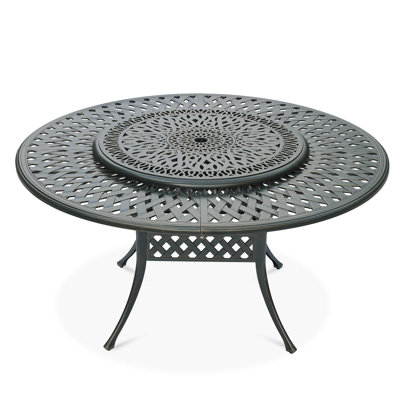 Red Barrel Studio® Outdoor 60.98" Patio Dining Table For 6-8 Person, Patio Round Dining Table With 35.38" Lazy Susan, Cast Aluminum Rustic Patio Table W/umbrella Hole For Balcony, Porch And Deck, Dark Bronze