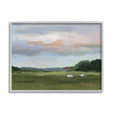 Az-296 - Peinture encadrée de moutons dans un champ champêtre