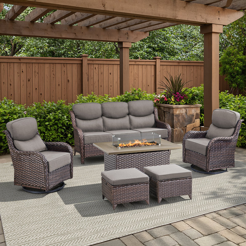 6-Piece Outdoor Wicker Sofa Conversation Set With Swivel Rockers And Fire Pit, Brown, Gray