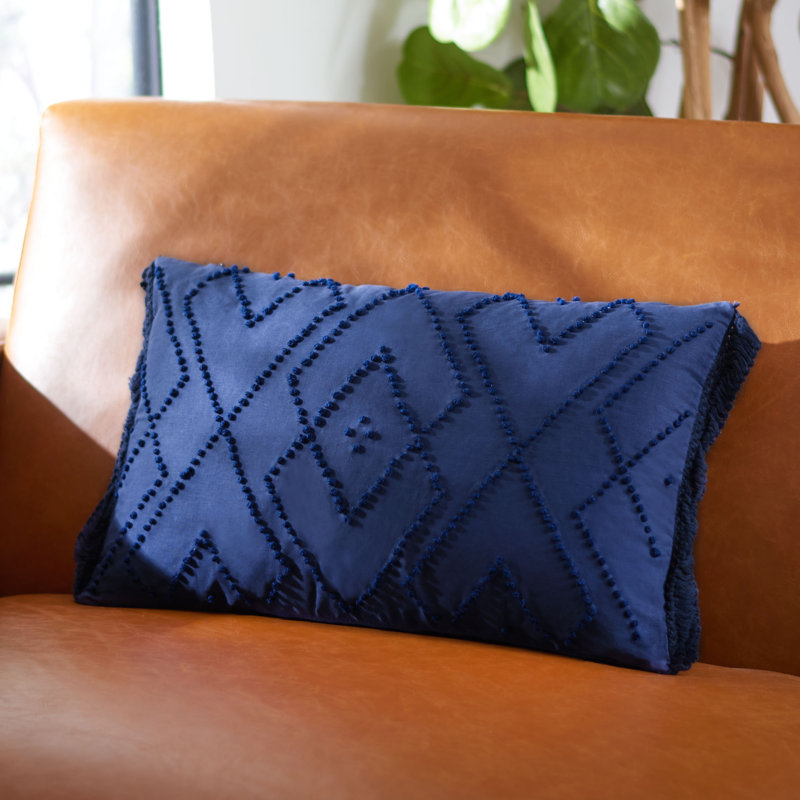 Navy Blue Geometric Cotton Rectangular Throw Pillow