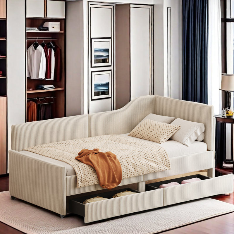 L-shaped Corduroy Daybed With 2 Storage Drawers, Beige