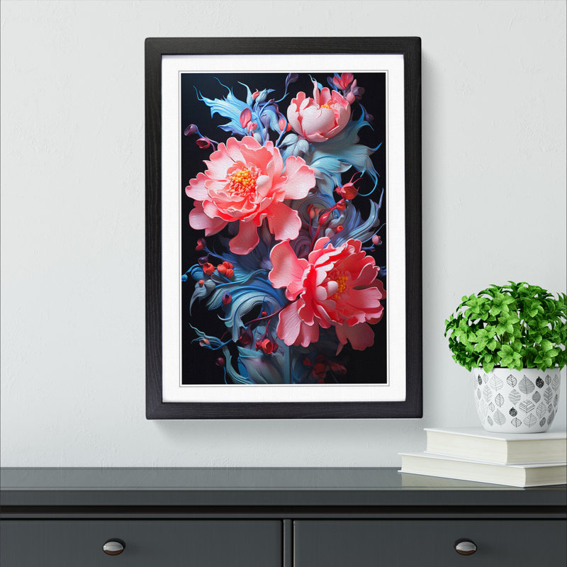 Peony Flower Neo-Plasticism - Single Picture Frame Print on Wood, Black Framed, 34cm H x 25cm W x 2cm D