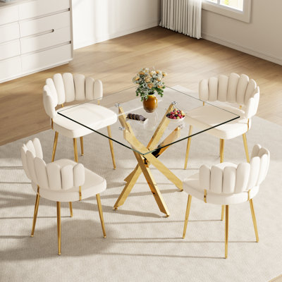 Ensemble de table de salle à manger 36 pouces, table de salle à manger avec dessus en verre trempé et chaises rembourrées en velours avec pieds en métal doré, ensemble de meubles de cuisine et de salle à manger Modern Glam pour 2 à 4 personnes