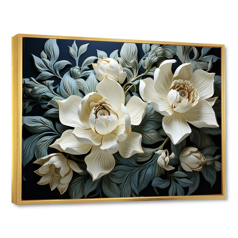 Tulipes blanches et bleues modernes sur toile, H 24 po x l 32 po x P 1 po, Cadre flottant doré
