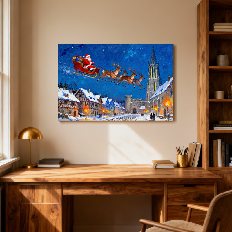 Noël père Noël survolant la ville enneigée, H 12 po x l 18 po