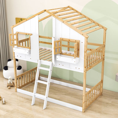 Edmonia Kids Twin Over Twin Wooden House Bunk Bed with Roof and Window