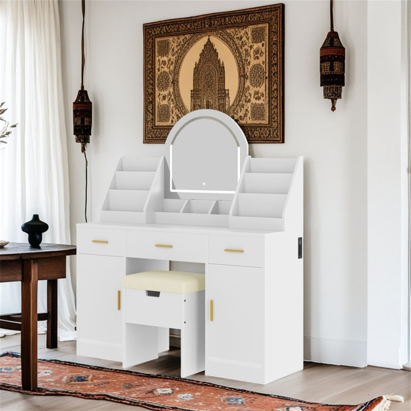 Vanity With Mirrored Lighting And Padded Storage Stool