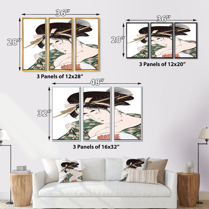 «Ukiyo-E» japonaise, ensemble d'art mural sur toile encadré moderne de style Mid-Century, H 28 po x l 36 po x P 1 po