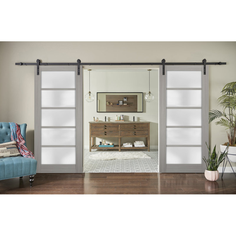 Grey Ash Solid Core 5-Panel Barn Door Kit with Frosted Glass