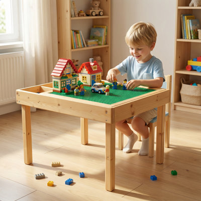 2-in-1 Flip-Top Kids Building Blocks Table with Storage & Chess Board - Solid Wood Child-Safe Desk for Toddlers 1-3 & 4-8, Includes Free Chess Set & O