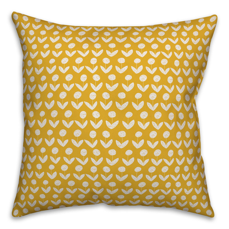  Coussin Drawn Flowers, Jaune, 18 po x 18 po