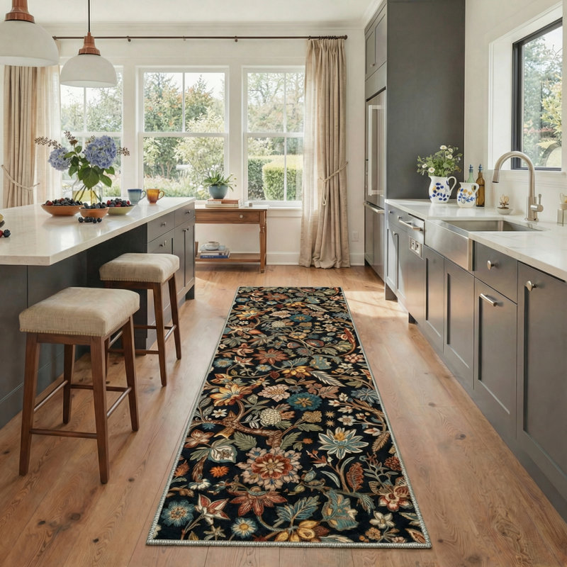 Aazad Floral Machine Washable Black / Green Indoor Area Rug with Non-Slip Backing, Runner 2' x 6'