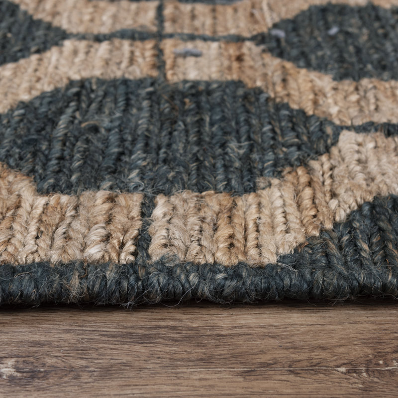 Tapis géométrique rectangulaire en jute tissé à plat à la main gris anthracite / beige, Rectangle 9 pi x 12 pi