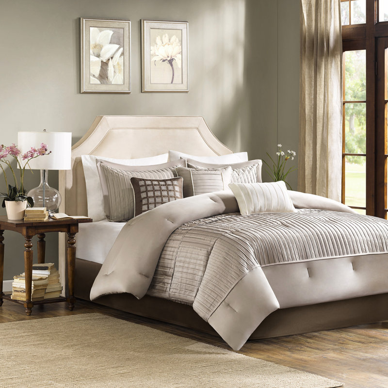 Édredon 7 pièces charmeuse taupe, Édredon de très grande taille et 6 pièces suppl