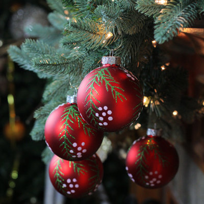 Matte Red with Pine Needles Glass Christmas Ball Ornament