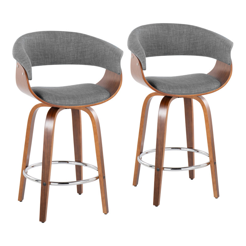 Archaimbaud Swivel Upholstered Counter Stool, Walnut Wood/Chrome, Light Gray, Counter Stool (26” Seat Height)