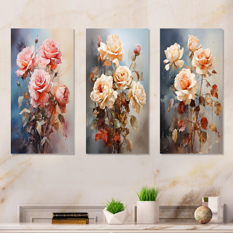 Harmonous Rose Bouquet - Roses, ensemble de 3 reproductions d'art mural en métal, H 28 po x l 36 po