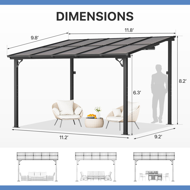 Metal Pergola With Canopy, 98" H x 144" W x 120" D