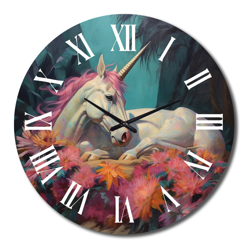 Mignonne licorne dormant ensemble dans une horloge murale en métal Flowerfield V, Grand