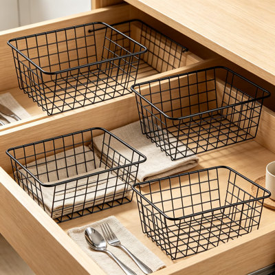Wire Baskets for Organizing, Metal Storage Baskets with Built-in Handles for Kitchen Cabinets, Pantry, Countertop, Pack of Black Baskets