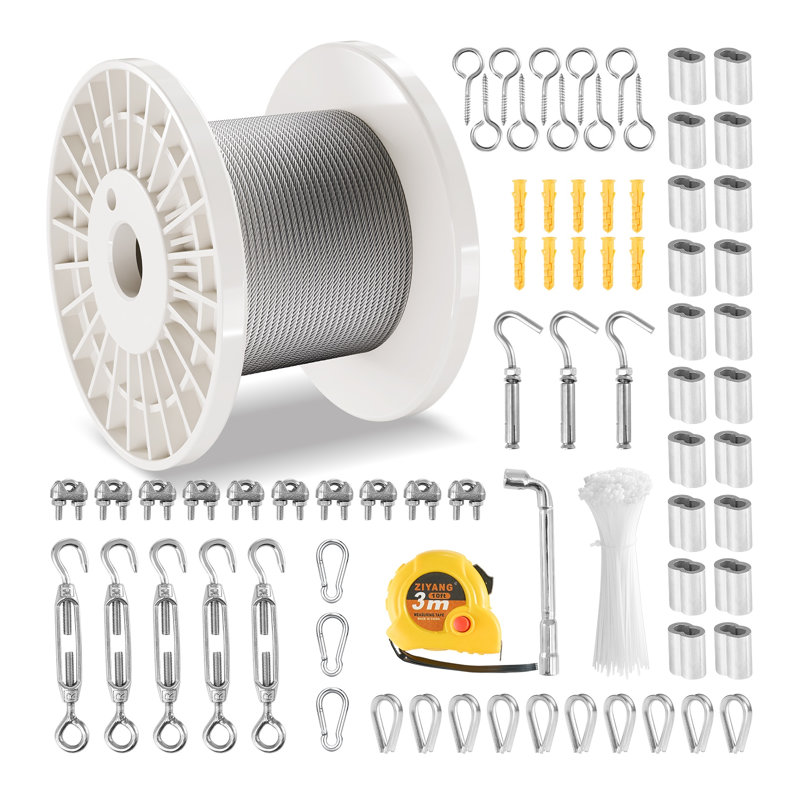 Corde de 100 pi en acier inoxydable T304 - Ensemble de balustre de terrasse tressé 1/8 po 7x7 pour main courante extérieure et clôture