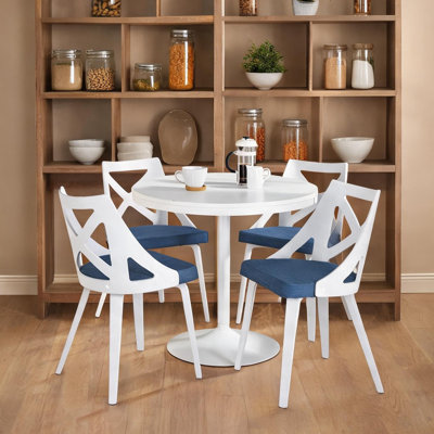 Ensemble de salle à manger 5 pièces avec plateau en bois massif et chaises rembourrées en tissu, base en acier blanc, bleu doux, table rectangulaire 36 pièces