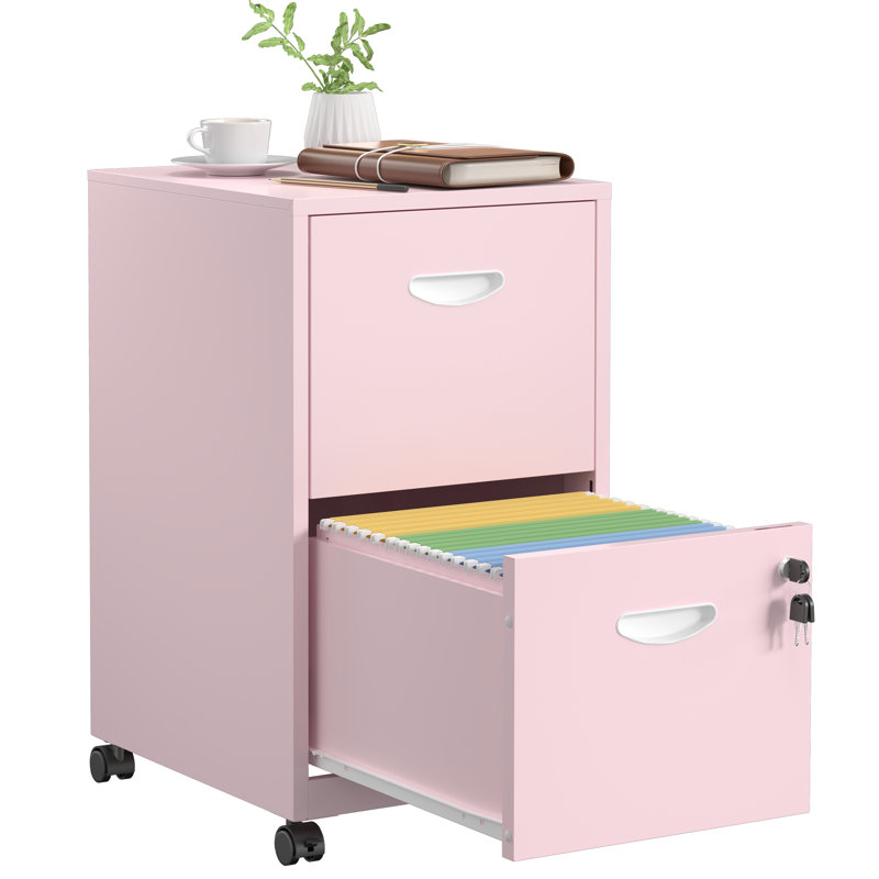 2 Drawer Rolling File Cabinet on Wheels, Pink Mobile Two Drawer Filing Cabinet with Lock, Small Files Cabinets for Under Desk, Metal Filing Cabinets for Letter Size Folders
