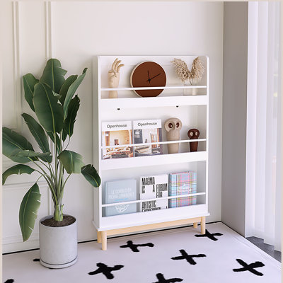 Bibliothèque murale pour enfants avec 3 tablettes de présentation, support à livres blanc moderne avec base en bois naturel