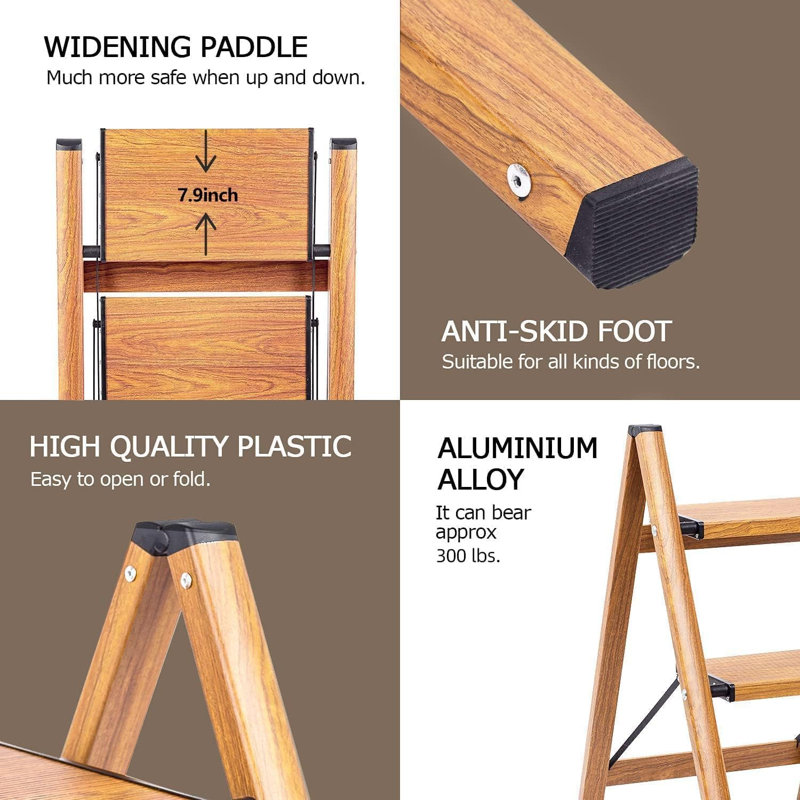 3 Step Ladder, Lightweight Folding Step Stool, Woodgrain
