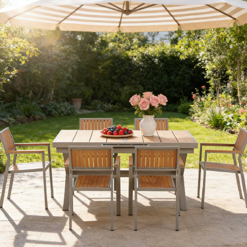 Ensemble de salle à manger extensible 7 pièces avec 6 chaises, idéal pour les repas de patio et les chaises longues, Chameau