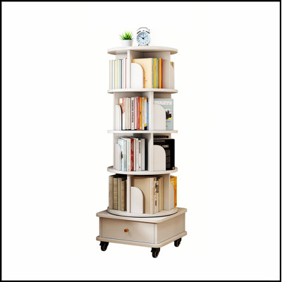 Bibliothèque rotative à 5 niveaux, bibliothèque rotative à 360 ° avec roulettes et tiroir, peu encombrante, petite bibliothèque rotative pour chambre à coucher, salon, maison, bureau