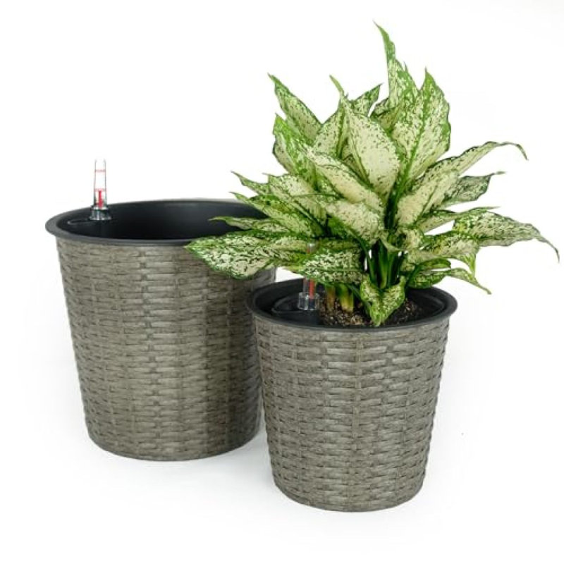Ensemble de 2 pots de fleurs décoratifs en osier pour l'intérieur et l'extérieur - Rond - Gris