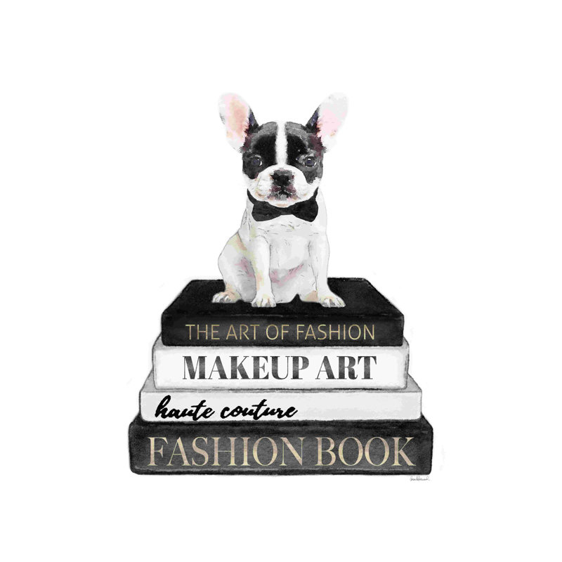 «B&W Frenchie Bookstack», art textuel sur toile tendue, H 18 po x l 12 po
