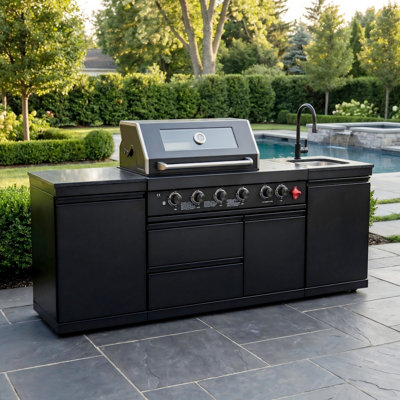 85" W 4-Burner 85000 Btu Gas Grill Island With Outdoor Rated Sink And Storage Cabinet And Granite Countertop In Stainless Steel