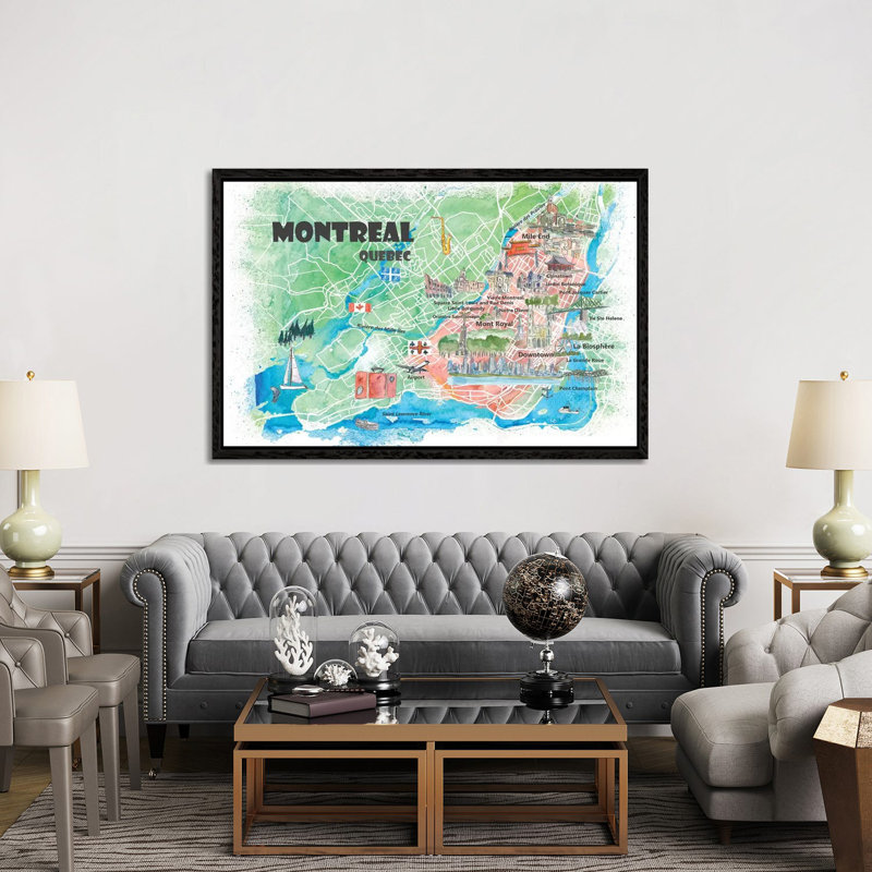 Montreal Quebec Canada Illustrated Map 1 Piece Painting on Canvas, 101.6cm H x 152.4cm W x 3.81cm D, Black Floater Framed