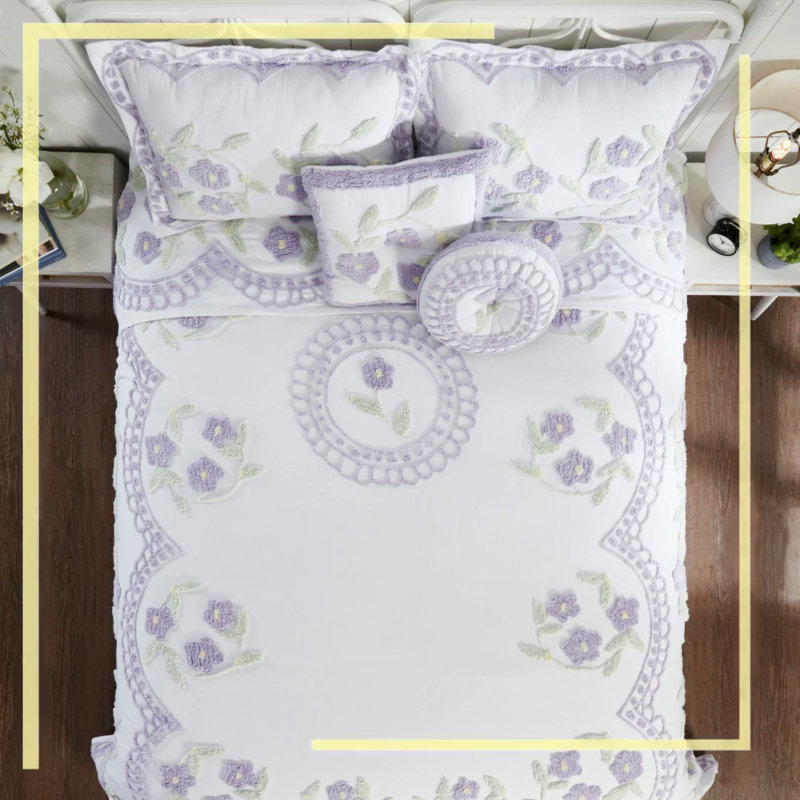 Lavender Floral Cotton Chenille Tufted Twin Bedspread