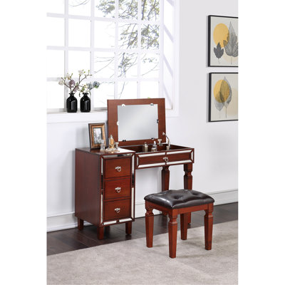 Tabouret de meuble-lavabo traditionnel couleur cerise, plusieurs options de rangement, siège, fabrication en bois de pin et d'hévéa + placage de peuplier