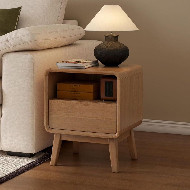 42cm W Solid Wood Bedside Table, 1 Drawer, Natural Oak