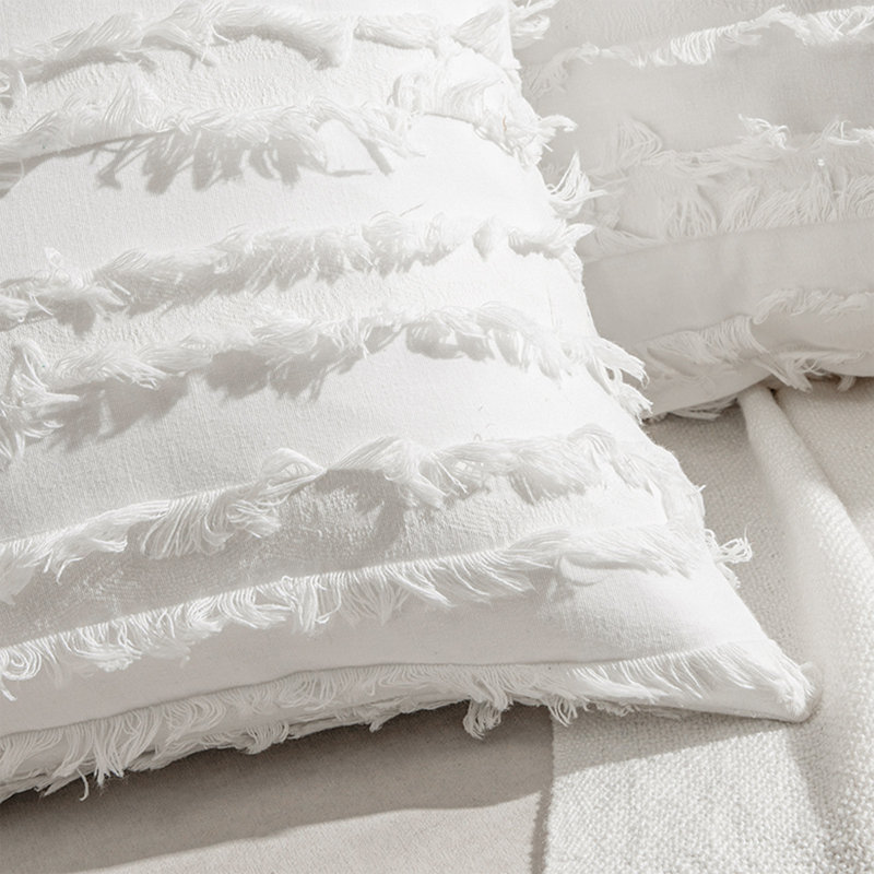 White Cotton and Polyester Euro Pillow Cover with Tassels, 16"x16"