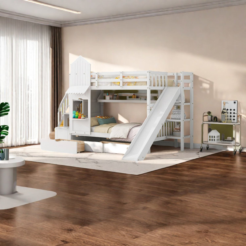 Castle Style Twin Bunk Beds, Solid Wood, Playful Modern Design With Slide And Storage