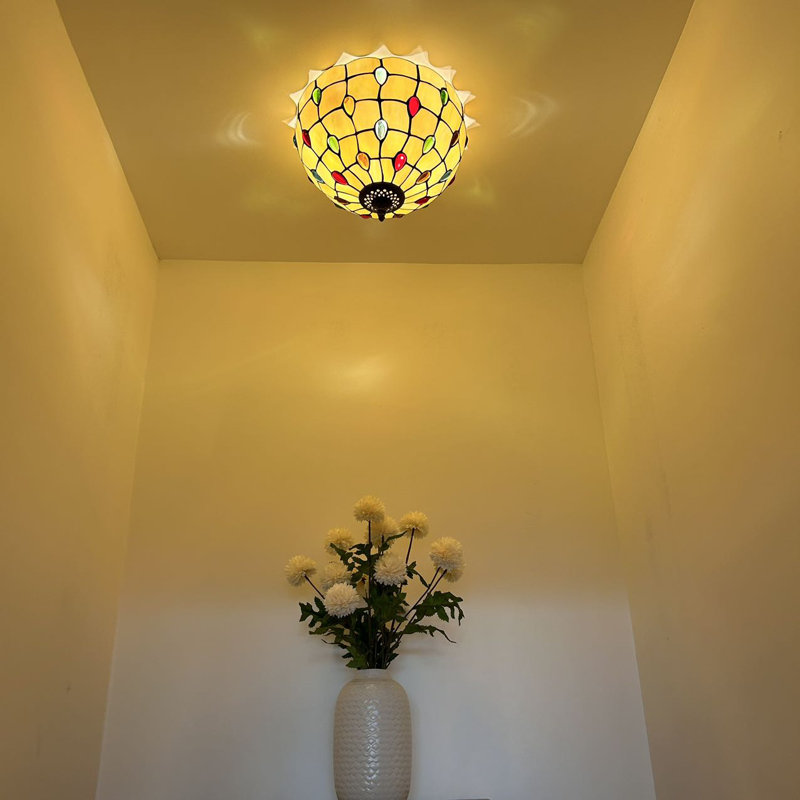 Severina  Tiffany Ceiling Lights Fixture Gold Stained Glass Crystal Beans LED Bulbs 12" W*12" D*8" H