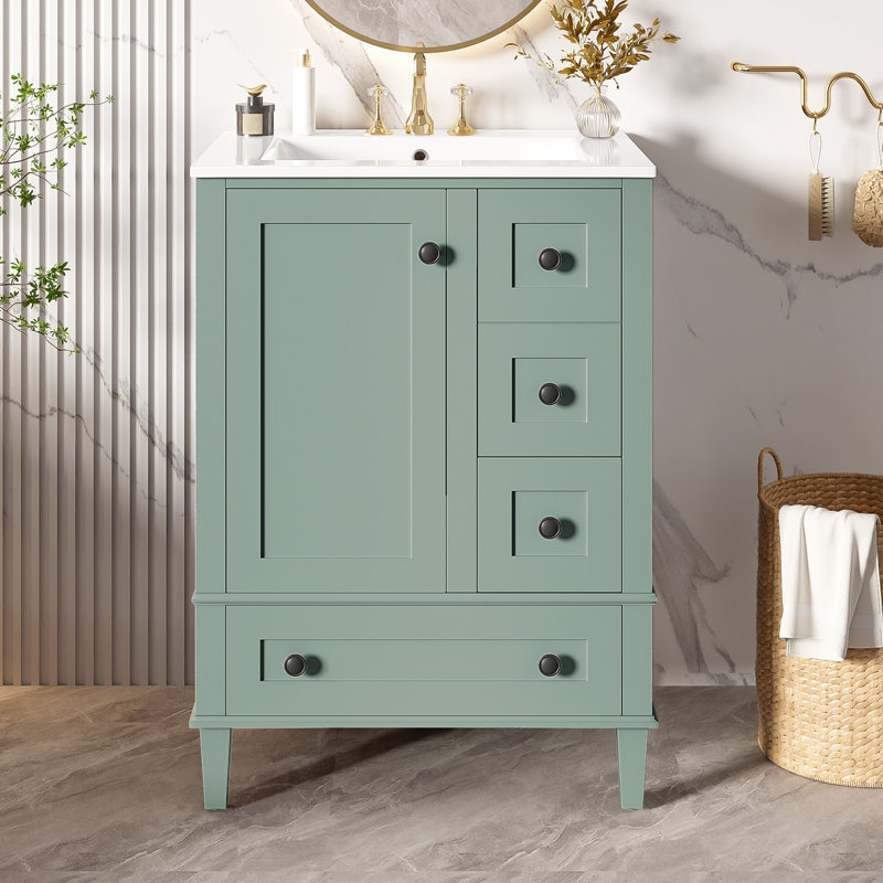 Meuble-lavabo vert clair compact avec lavabo en céramique, design moderne