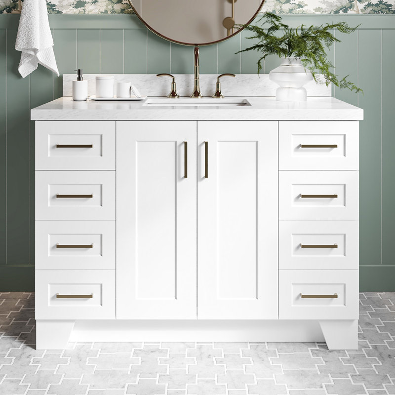 Freitas 48'' Solid Wood Single Bathroom Vanity, Rectangle, White, Carrara Marble