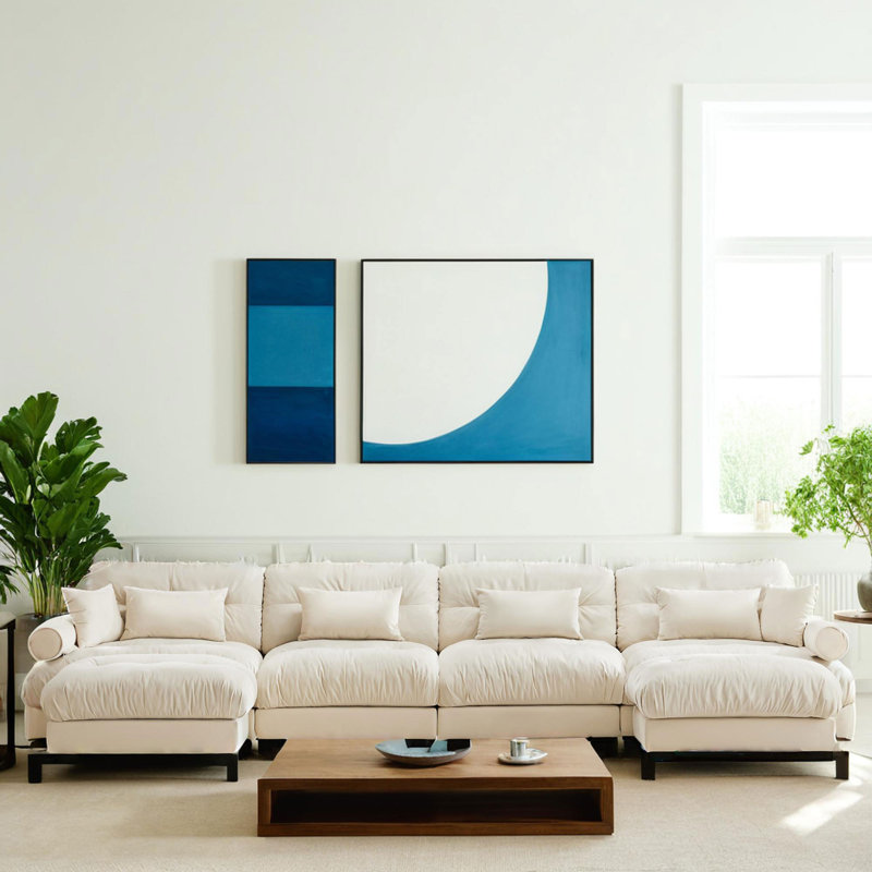 U Shaped Sectional Sofa Cloud Couch With Movable Ottomans, Convertible Deep 4 Seater Modern Velvet Comfy Upholstered Corner Couch With Blostered Armrests, Waist Pillow And Throw Pillows