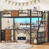 Stairway Twin Size Loft Bed With L Shaped Desk And Wardrobe, Metal Loft Bed Frame With Storage Stairs,3 Fabric Drawers, Led Lights & Charging Sation,no Noise & No Box Spring Needed