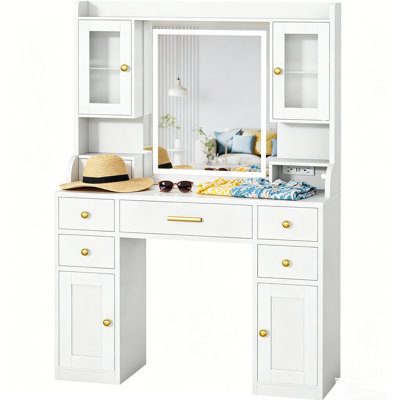 41" White Makeup Vanity Desk with LED Mirror – 6 Drawers, 2 RGB Cabinets, Adjustable 3 Color Modes,Large Makeup Vanity Table with Charging Station USB/Outlet – Bedroom Set for Women & Girls.