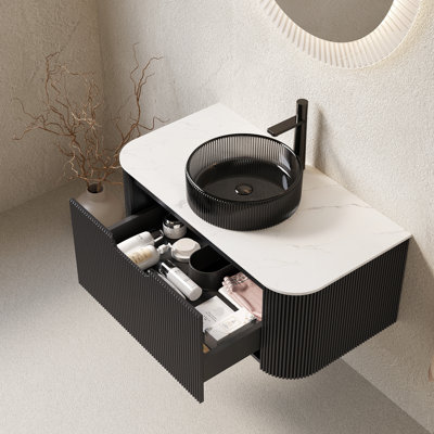 Meuble-lavabo de salle de bain 91 cm (36 po) avec lavabo rond en verre transparent noir, armoire suspendue murale, tiroir à rayures 3D, meuble-lavabo noir préassemblé, rangement par tiroir.